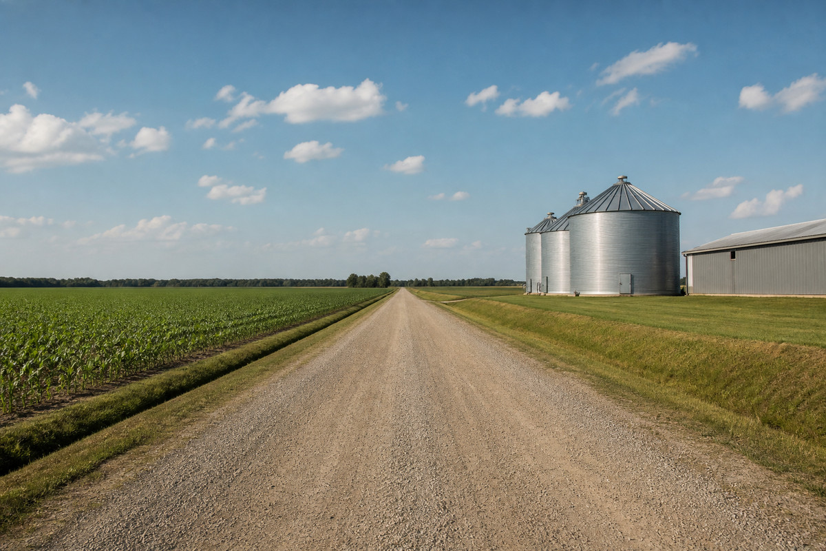 Flat mid-Michigan farm ground with a gravel section road and a grain bin under an open sky